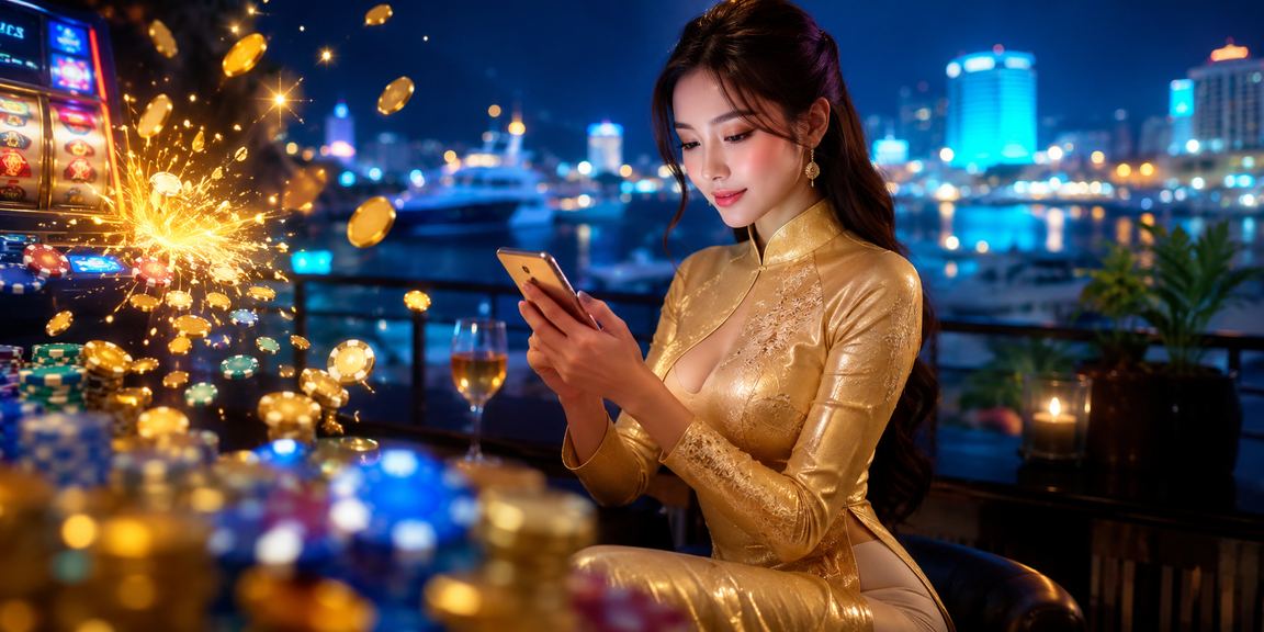 Thiếu nữ áo dài tại Nha Trang trải nghiệm game slot trên điện thoại bên bờ biển